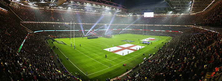 Principality Stadium, Cardiff will host the Champions League Final on 3 June 2017. Earlier this spring the stadium hosted the Six Nations Rugby Matches. The photo is from England vs. Wales on 11 February 2017.